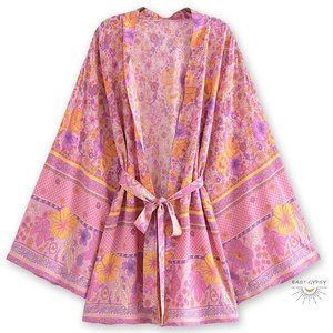 Tropical Pink Hibiscus Floral Boho Kimono Robe